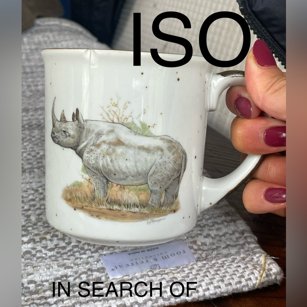 ISO Brown rimmed/handled rhino mug, Japan made.